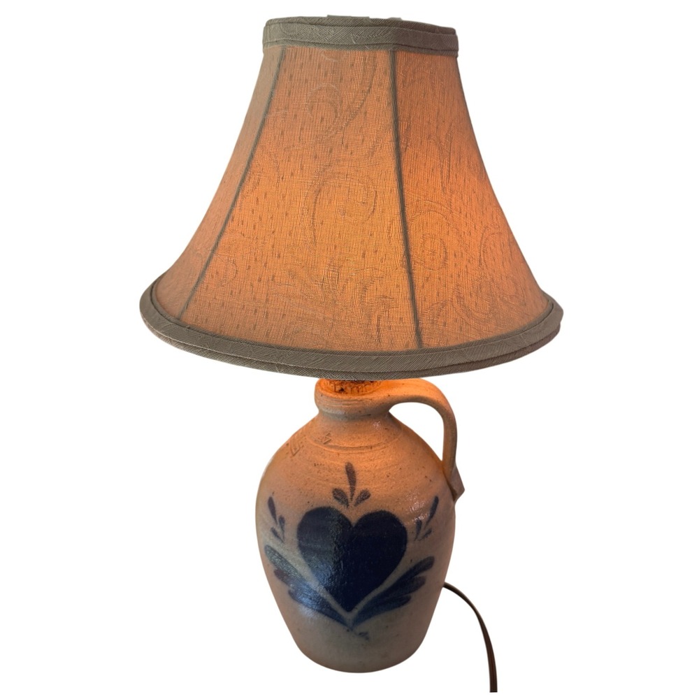 Rowe Pottery salt Glazed Stoneware Lamp jug Blue Heart Farmhouse 90s country